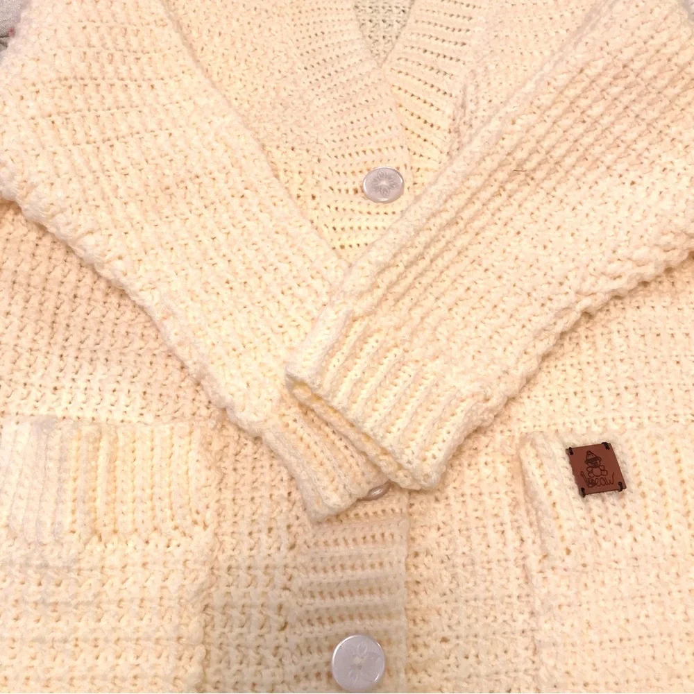 Hand-Made Crocheted Ivory Chunky Knit Cardigan Sweater